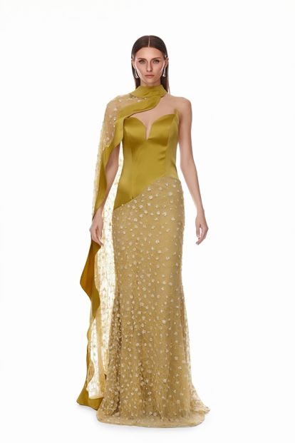 Camel Tül Pelerin ve Taş İşlemeli Abiye Elbise